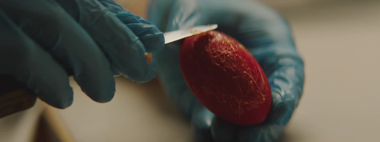 A person in a factory carefully puts a substance on an egg