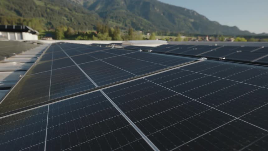 Solar panels cover the ground below a hill
