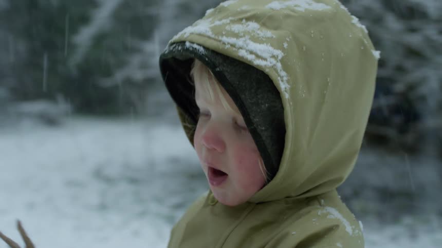 A child waves around is toy dinosaur in the snow