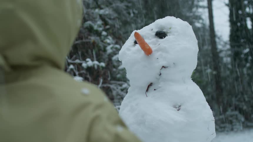 A boy stares at his newly built snowman