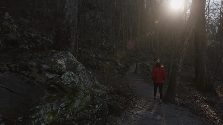 A woman wears headphones on a walk through the forest