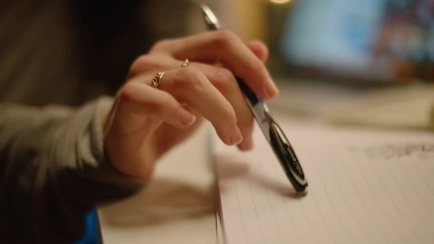 A person tapping a pen on a piece of paper
