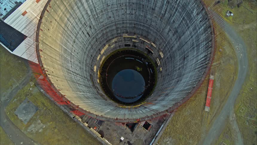 Aerial shot of an abandoned nuclear power reactor building