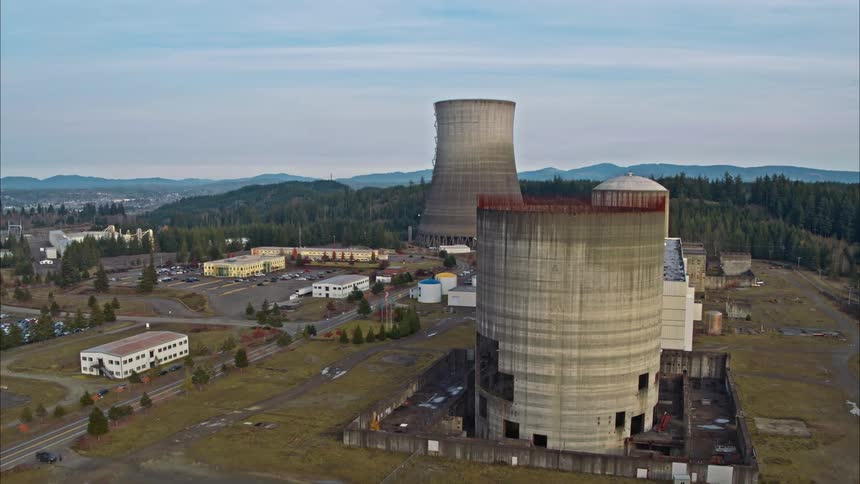 A abandoned nuclear power plant sits in the forest