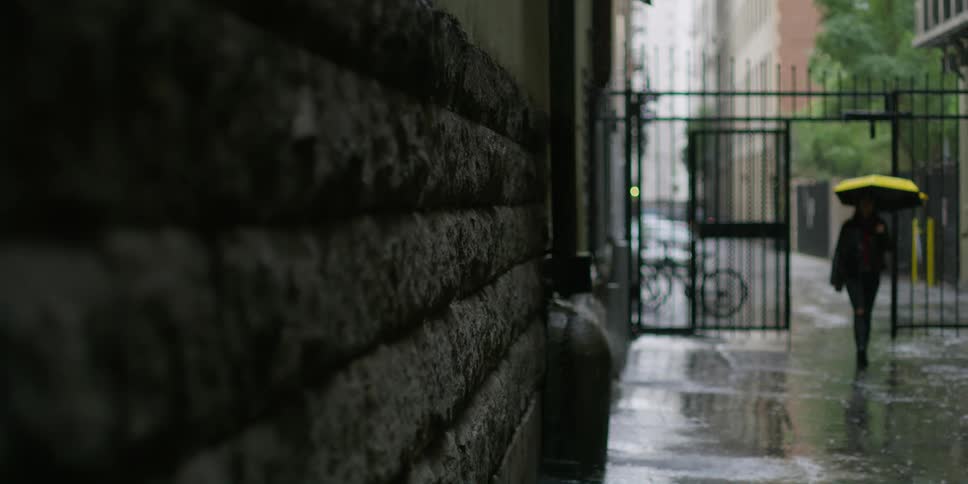 A woman walks through the gate as it rains