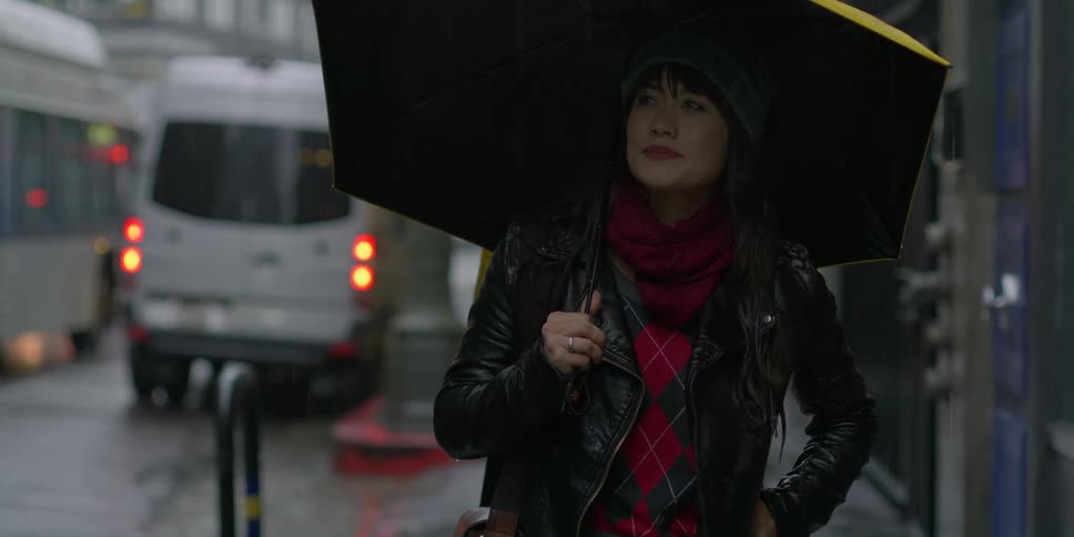 A woman walks in the rain with an umbrella