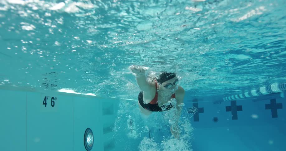 A woman is swimming in a pool