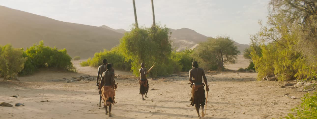 Men in a tribe walks across the land and one man aims his bow and arrow