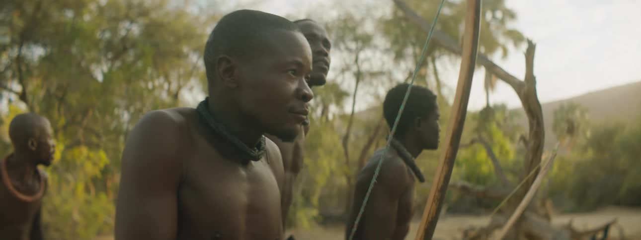 A tribe of men walk across the grassland with bows and arrows as they hunt
