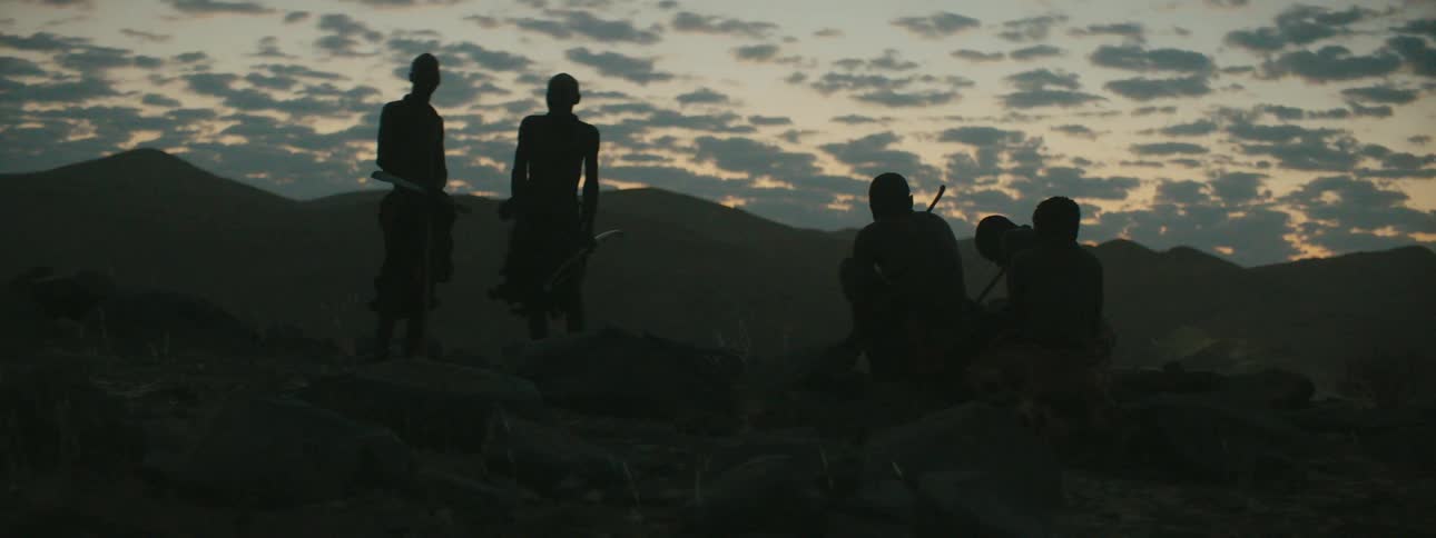 A group of people stand in the dark desert