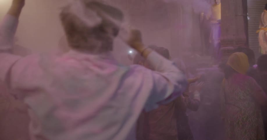 A crowd of people dancing in colored powder