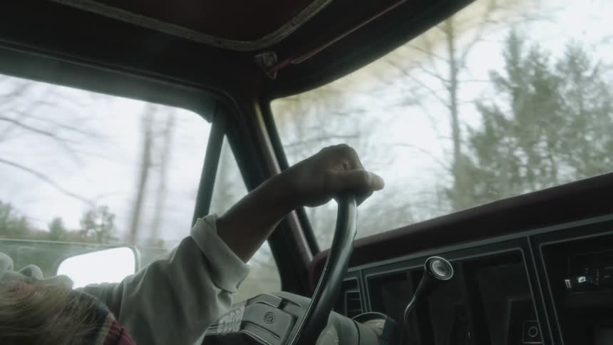 A person is driving a car through a rural area