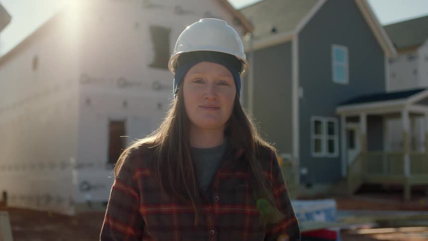 A woman wearing a hardhat stands proudly in front of a house under construction