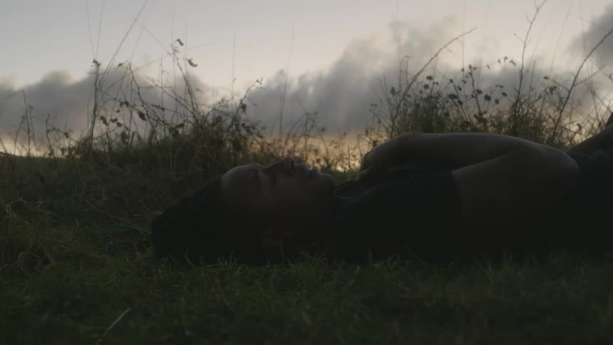 A man lying in a grassy field at dusk
