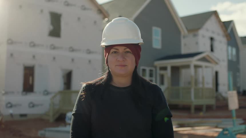A construction worker poses in front of newly built homes