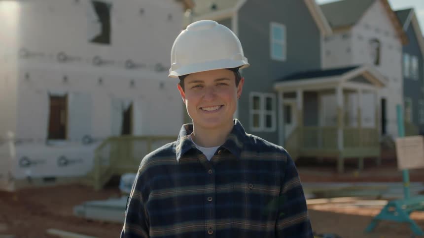 A construction worker standing outside of a house