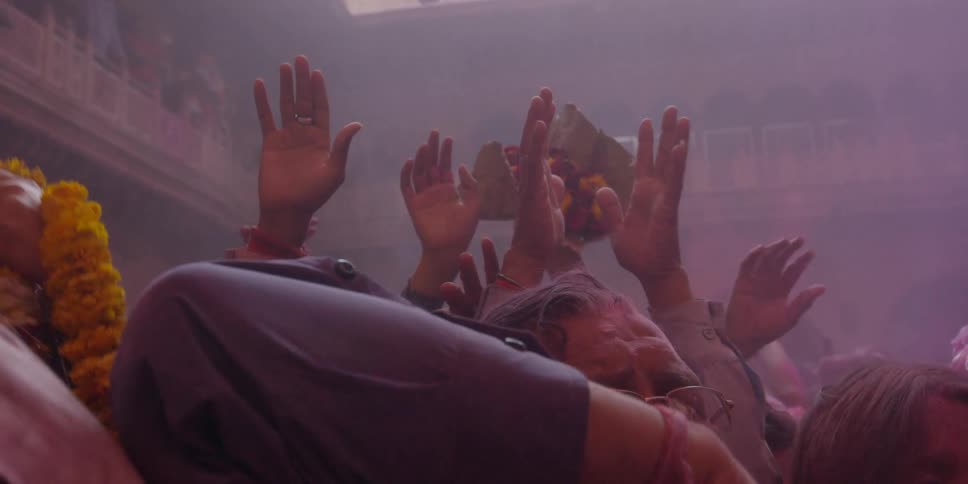 A crowd of people raise their hands celebrating