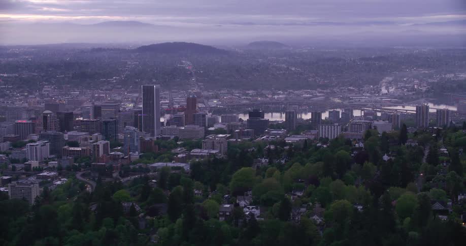 Aerial view of a big city with tall skyscrapers and towers and neighborhoods on tree covered highland and mountains in the distance