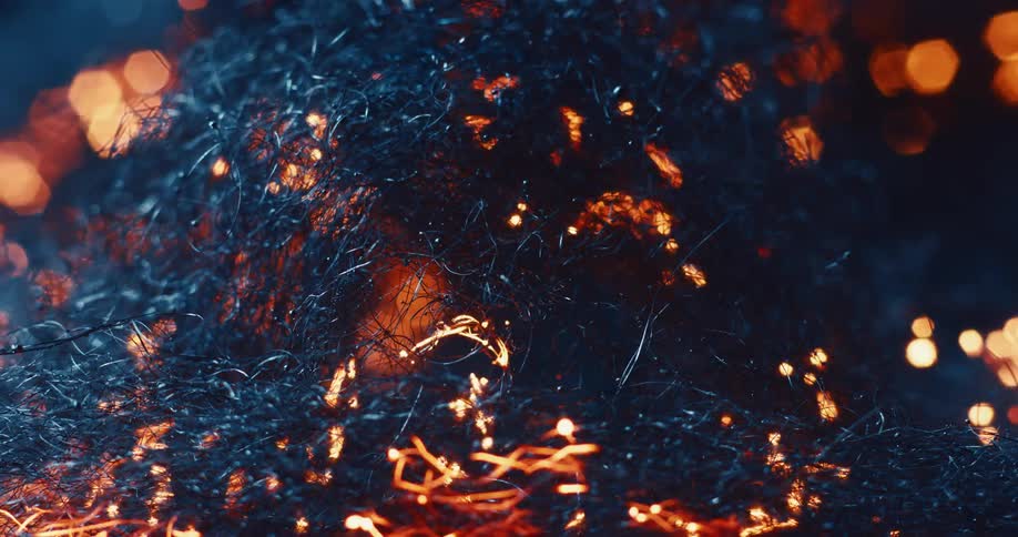 Flames race across brush outlining twigs and vines