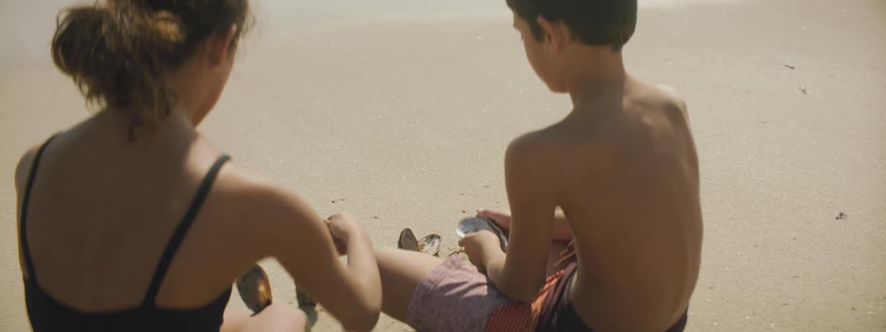 A brother and sister in swimsuits playing with clams on a sandy beach