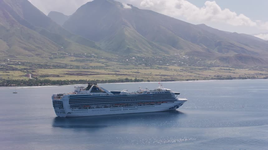 A large cruise ship filled with people sails across the water among smaller boats and there are mountains in the distance