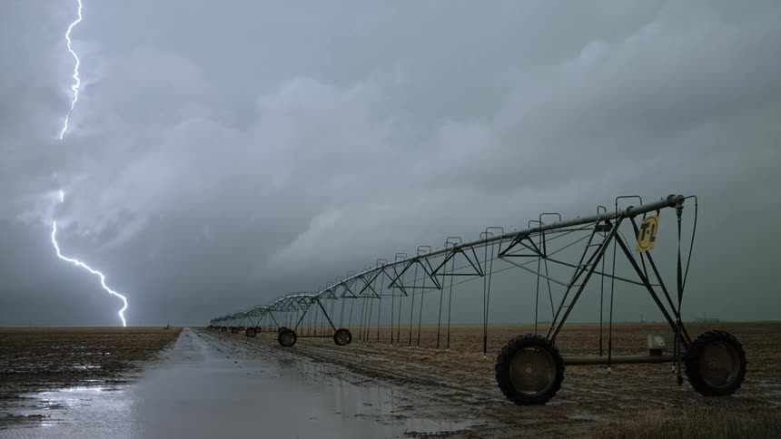 Lightning strikes near farming equipment during a thunderstorm