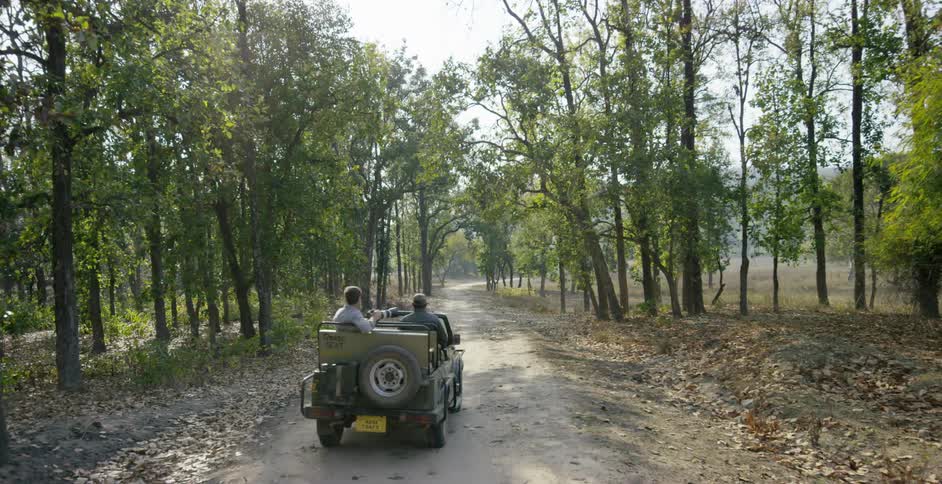 A jeep full of men travelling along a dirt road