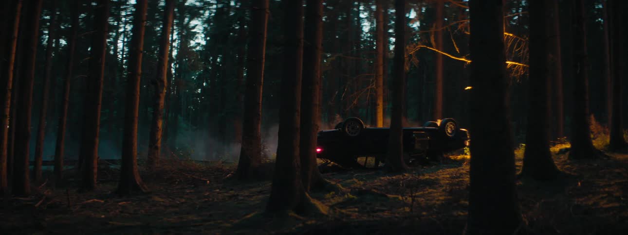 Man with a shirt walks up to a car crash upside down in the woods at dusk