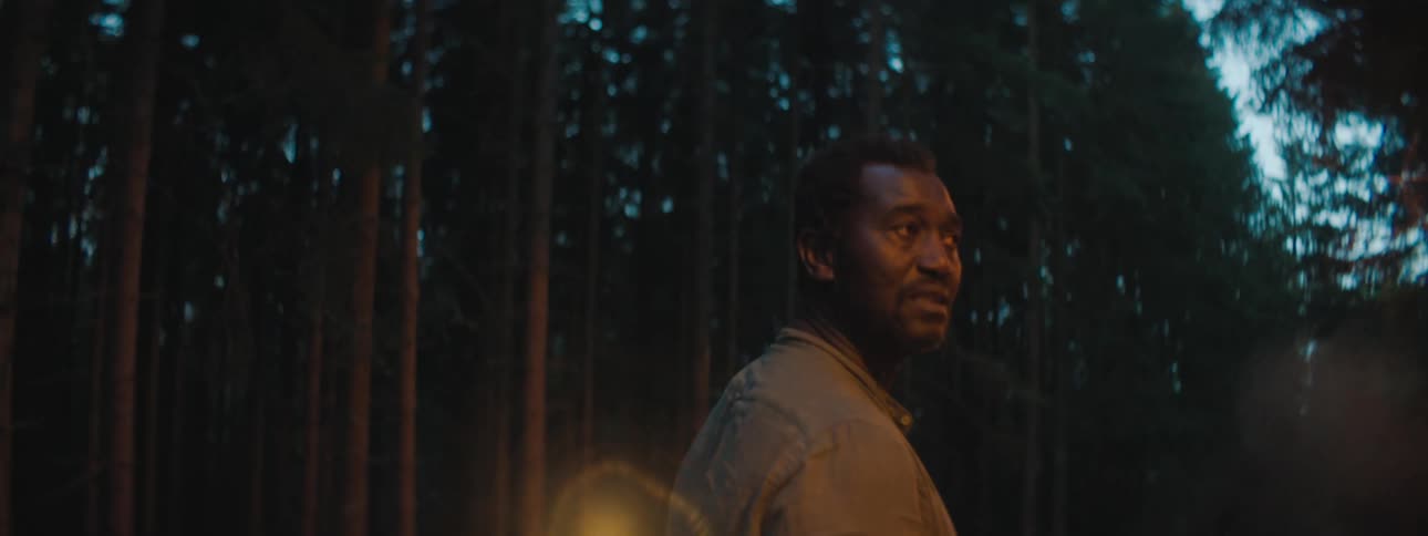 An anxious man standing in the center of a road in a woodland near an overturned vehicle gazes around at his surroundings before turning to stare into the camera