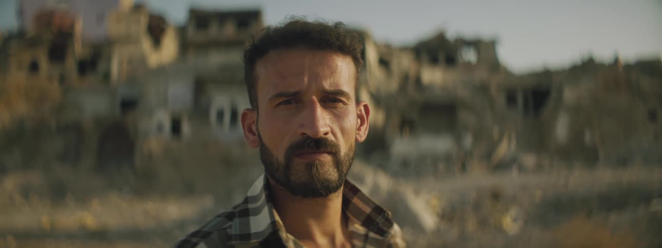A man standing in front of buildings in a village that are falling apart