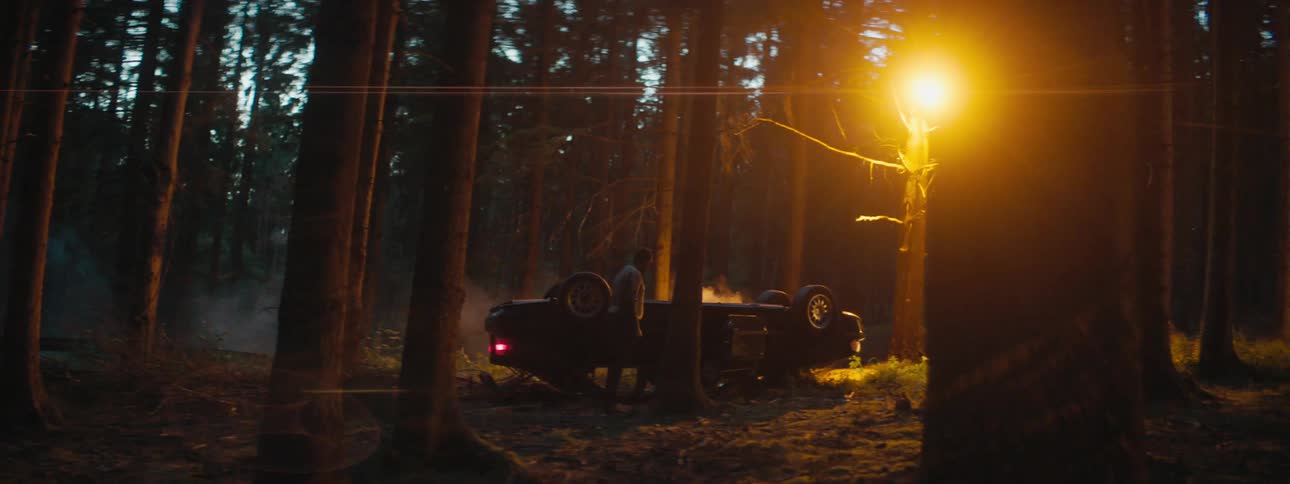 A man standing beside his flipped over car in a forest