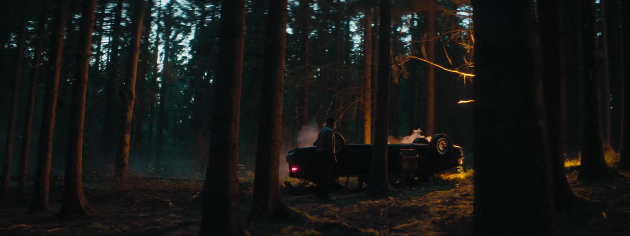 Man with a shirt walks up to a car crash upside down in the woods at dusk