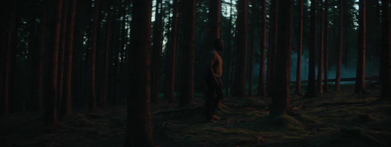A person is walking outdoors at night