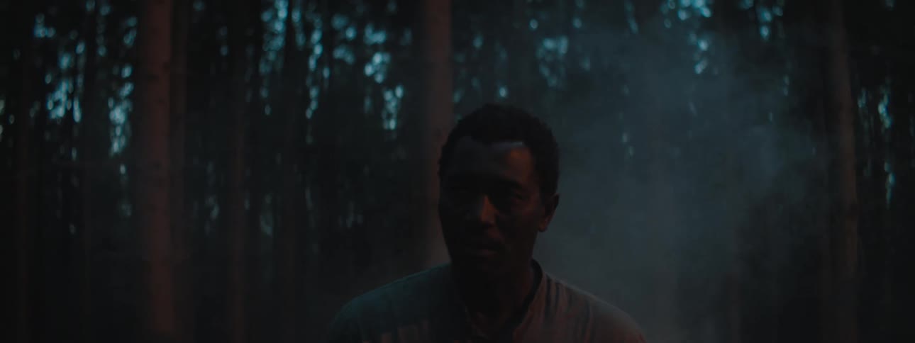 Depressed and sad man walks around a car crash in the woods at dusk