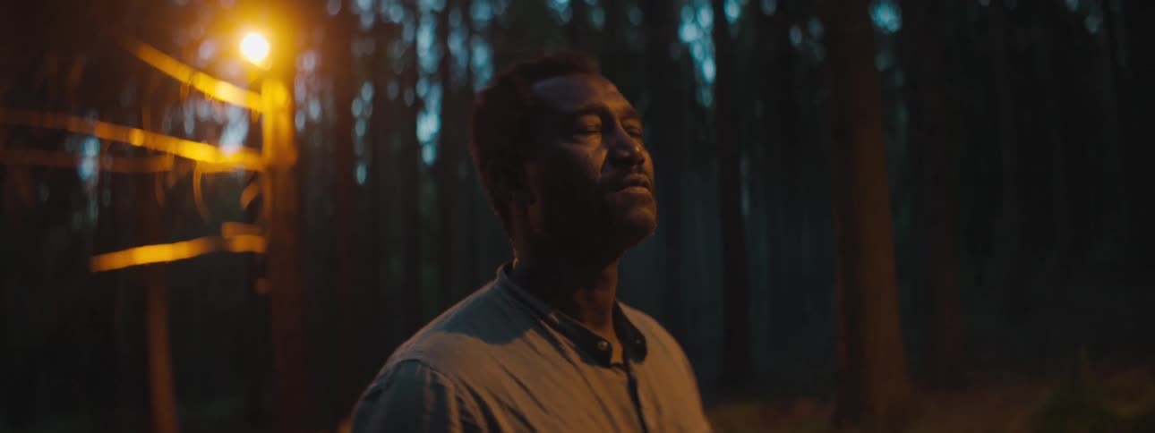 A man standing in a forest with his eyes closed with trees the sky and clouds in the background