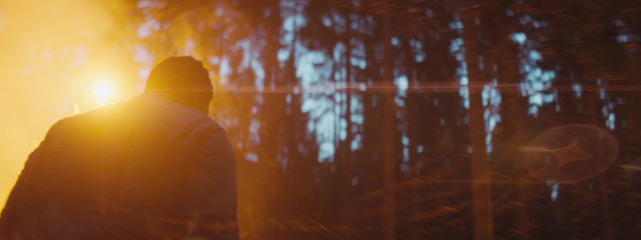 A man in a forest walks past a smoking vehicle