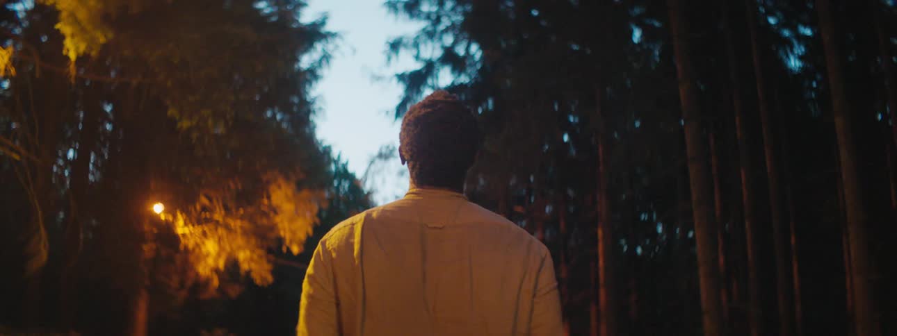 Depressed and sad man with a shirt walks on a road and suddenly looks back in the woods at dusk