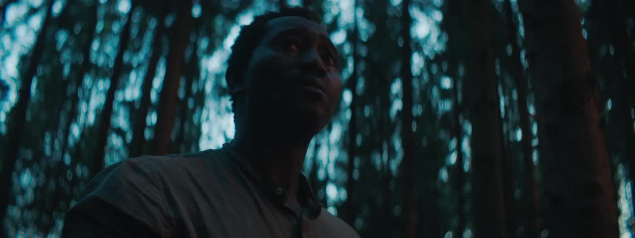 A black man stands in a forest and fearfully looks around