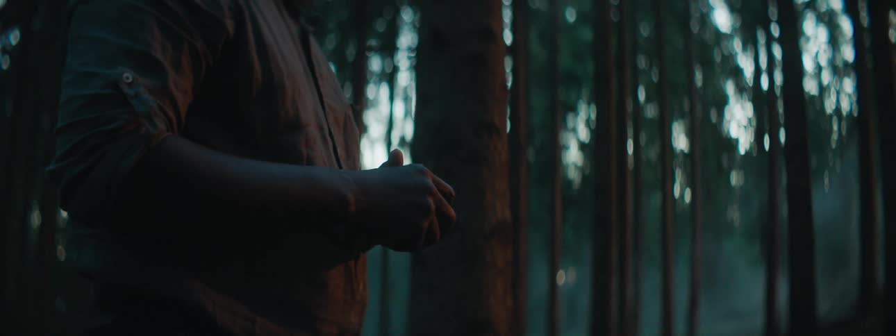 Depressed and sad man looks at his hands and cries bitterly in the woods at dusk