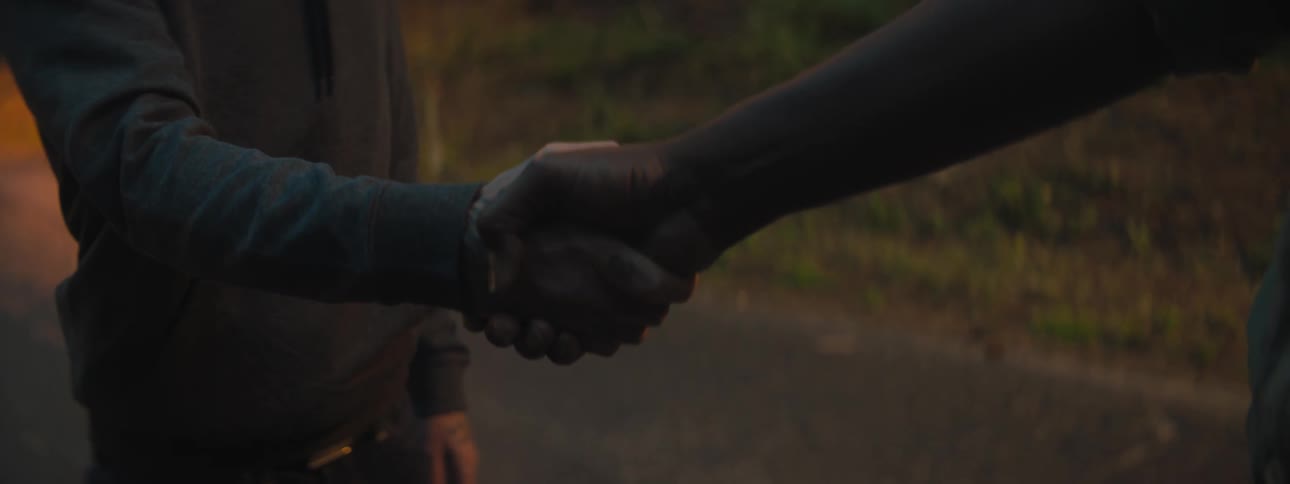 Two people are holding hands outdoors at dusk