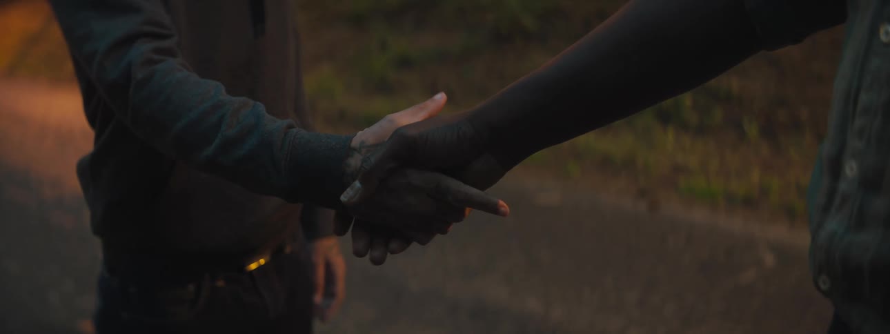 Two people are shaking hands outdoors at dusk