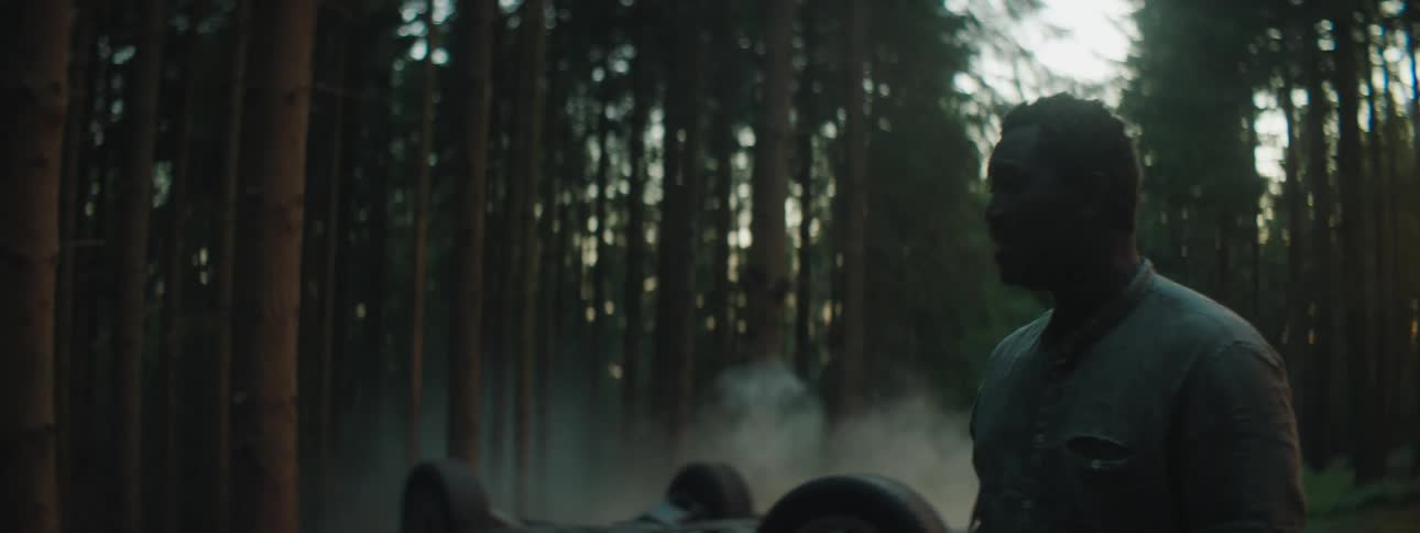 Man with a shirt walks around a car crash and cries bitterly in the woods at dusk
