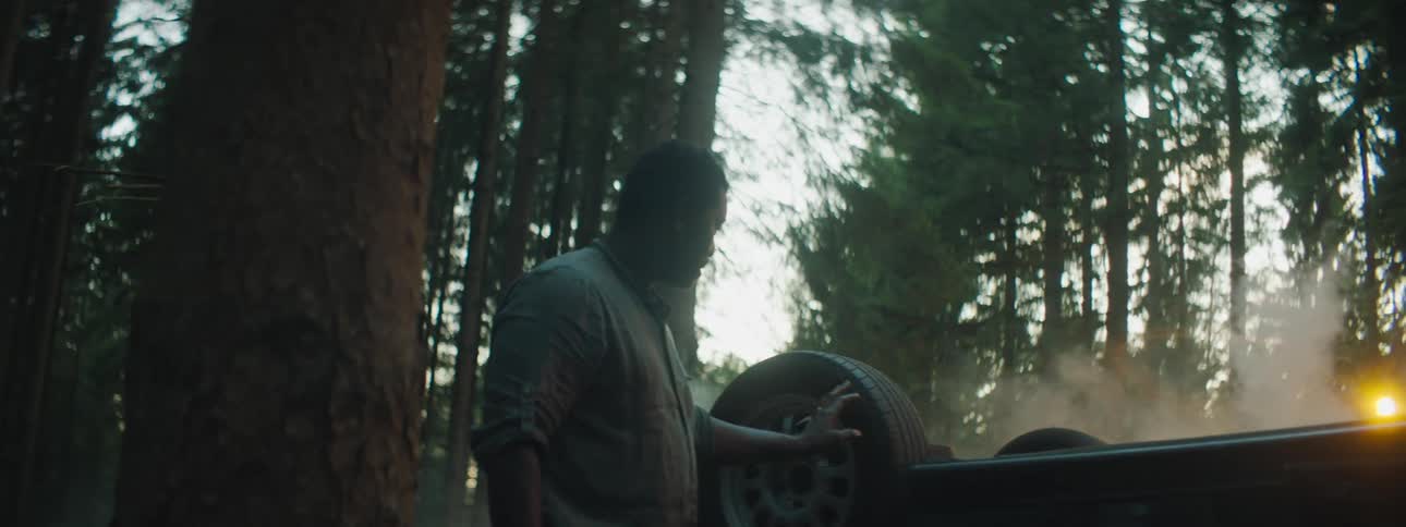 Man stands near overturned smoking car in forest near streetlights reaching out to touch wheel