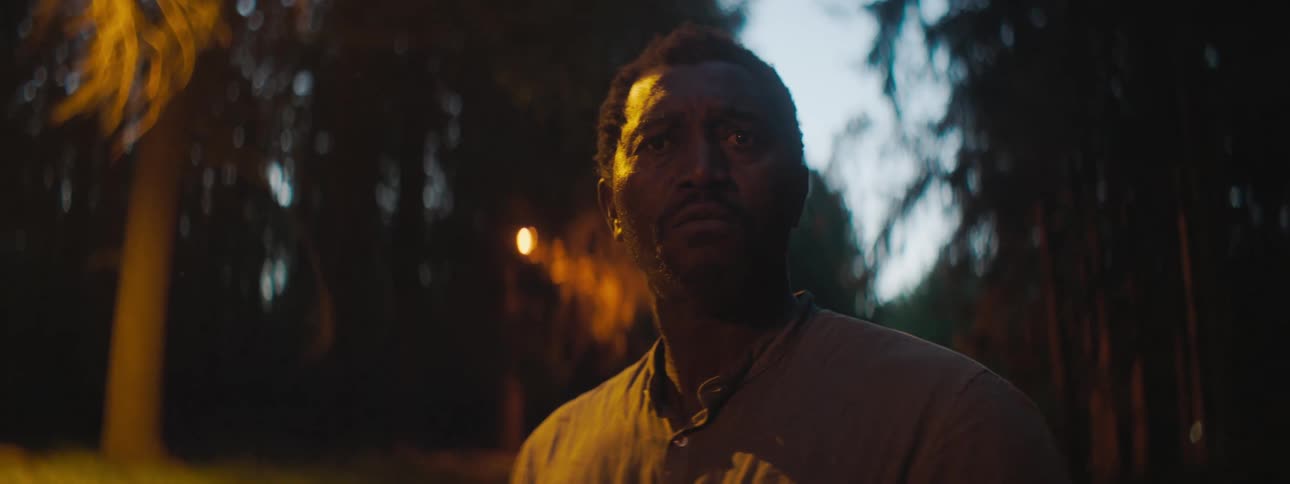 A man standing outside under trees looks off in to the distance