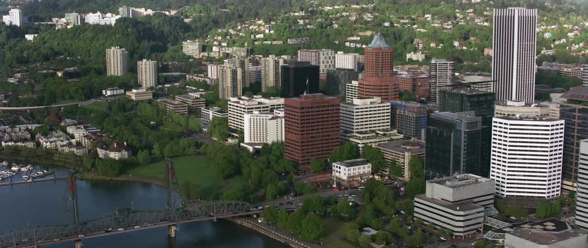 Aerial view of city buildings and skyscrapers next to river and bridge