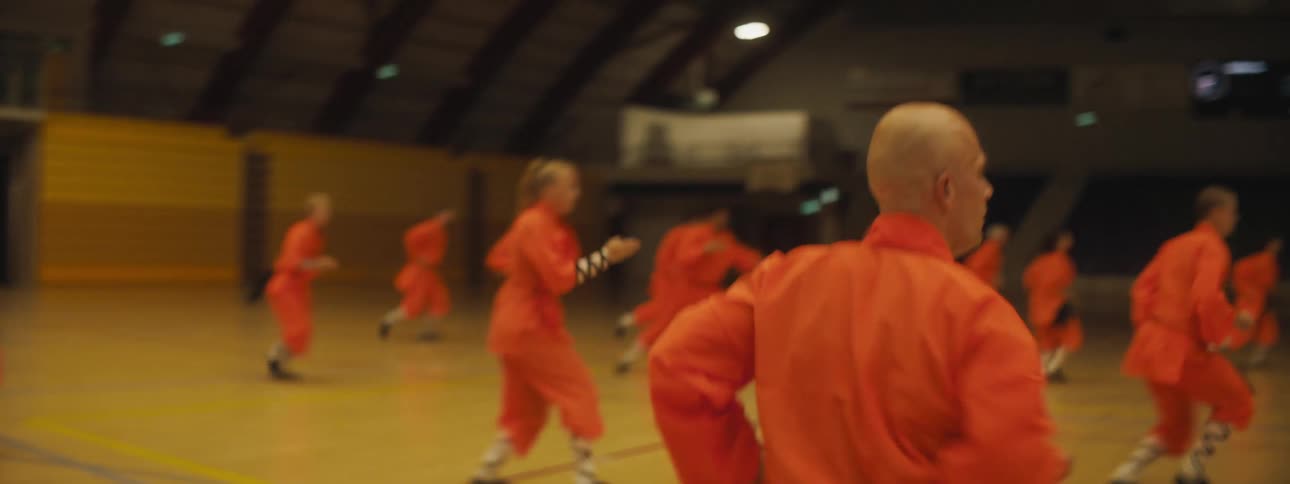 Martial arts group moves through martial arts routine on basketball court in gym