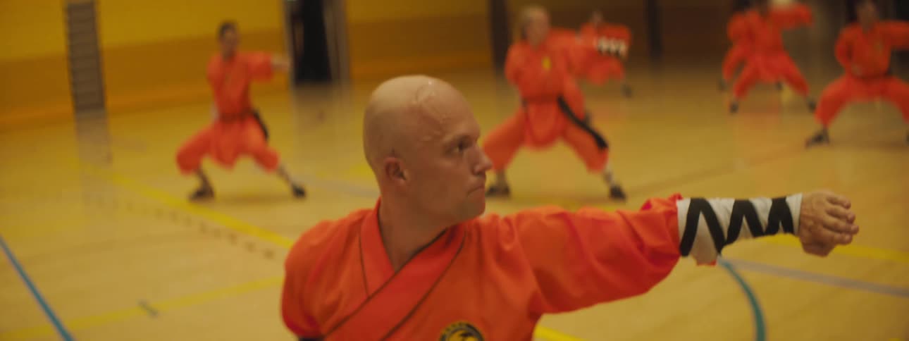 Martial arts group moves through martial arts routine in sports venue