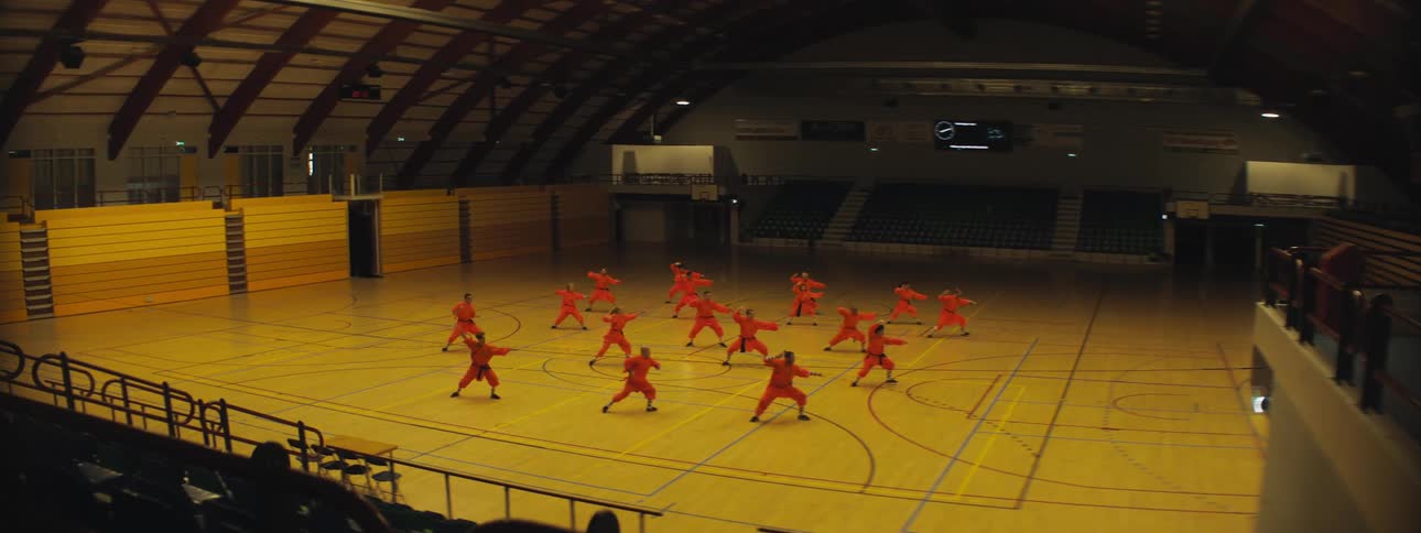 A group of people practice martial arts forms in unison in a gymnasium