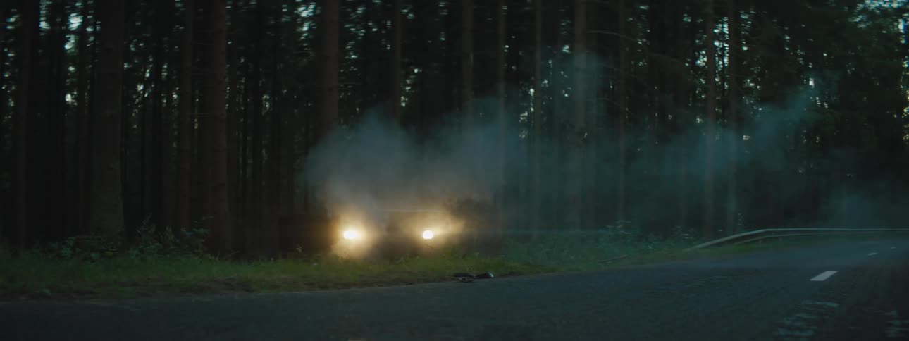 View of a car crash by the side of a road next to the woods