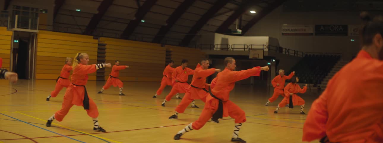 Martial arts group moves through routine on basketball court inside gym